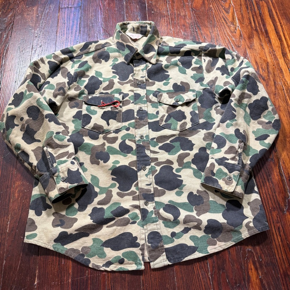 Frostproof Camo Flannel Shirt Mens L Green Duck Frog Hunter Compass Made in USA